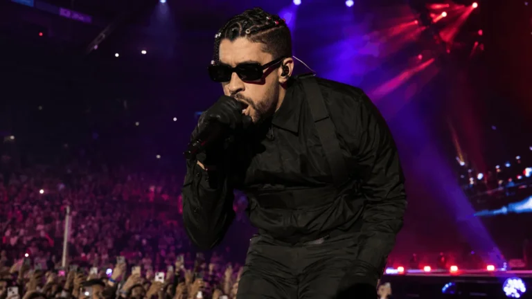 Bad Bunny performing live, reflecting his 2026 net worth growth from touring