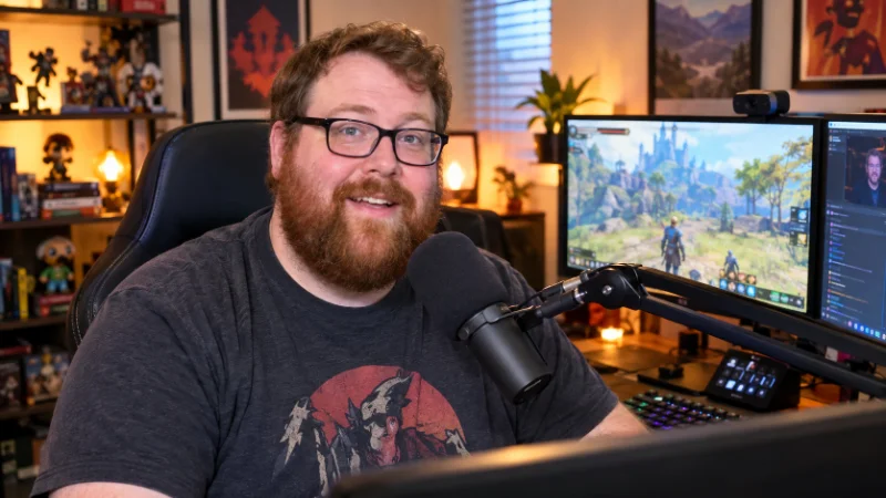Jesse Cox recording content at his home studio desk