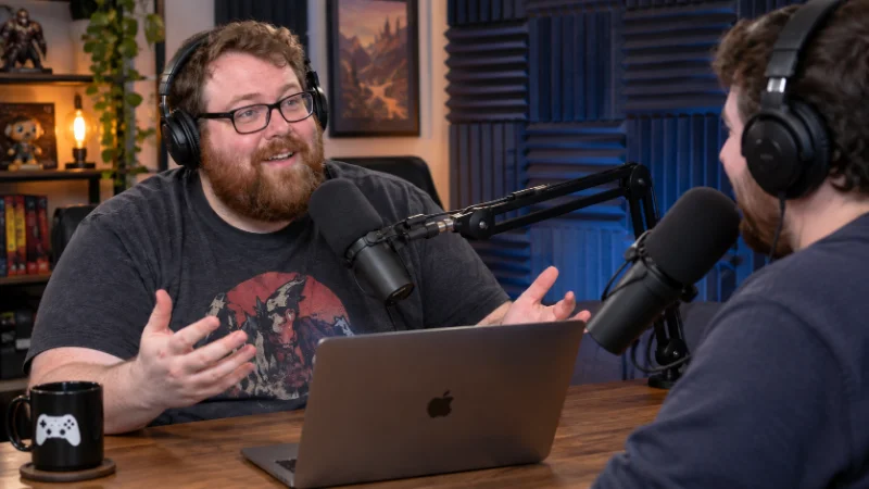 Jesse Cox recording a podcast episode with a co-host