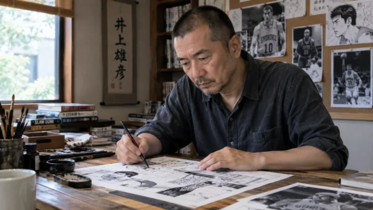 Takehiko Inoue working at his manga drawing desk