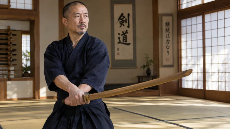 Takehiko Inoue practicing swordsmanship for Vagabond research